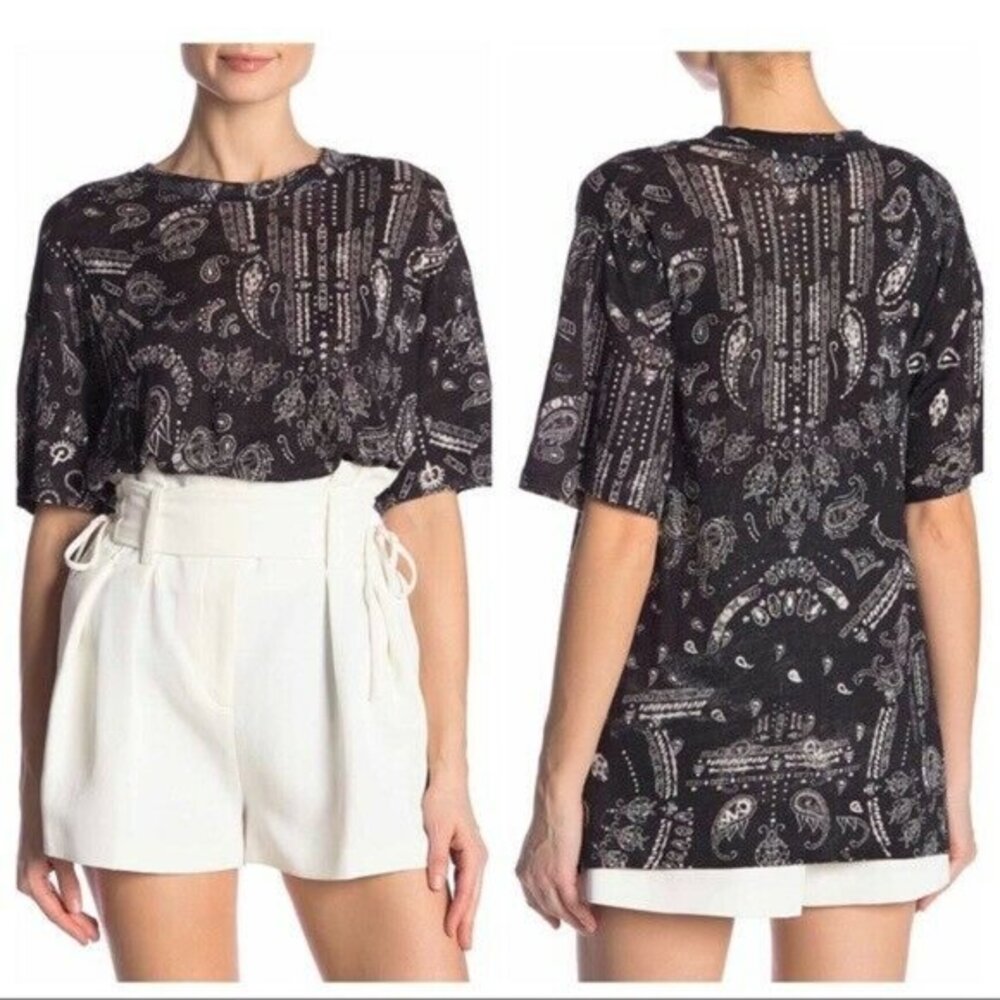 IRO Nkome Printed Linen Tee Shirt Short Sleeve Round Neck Black Women S NWT $215